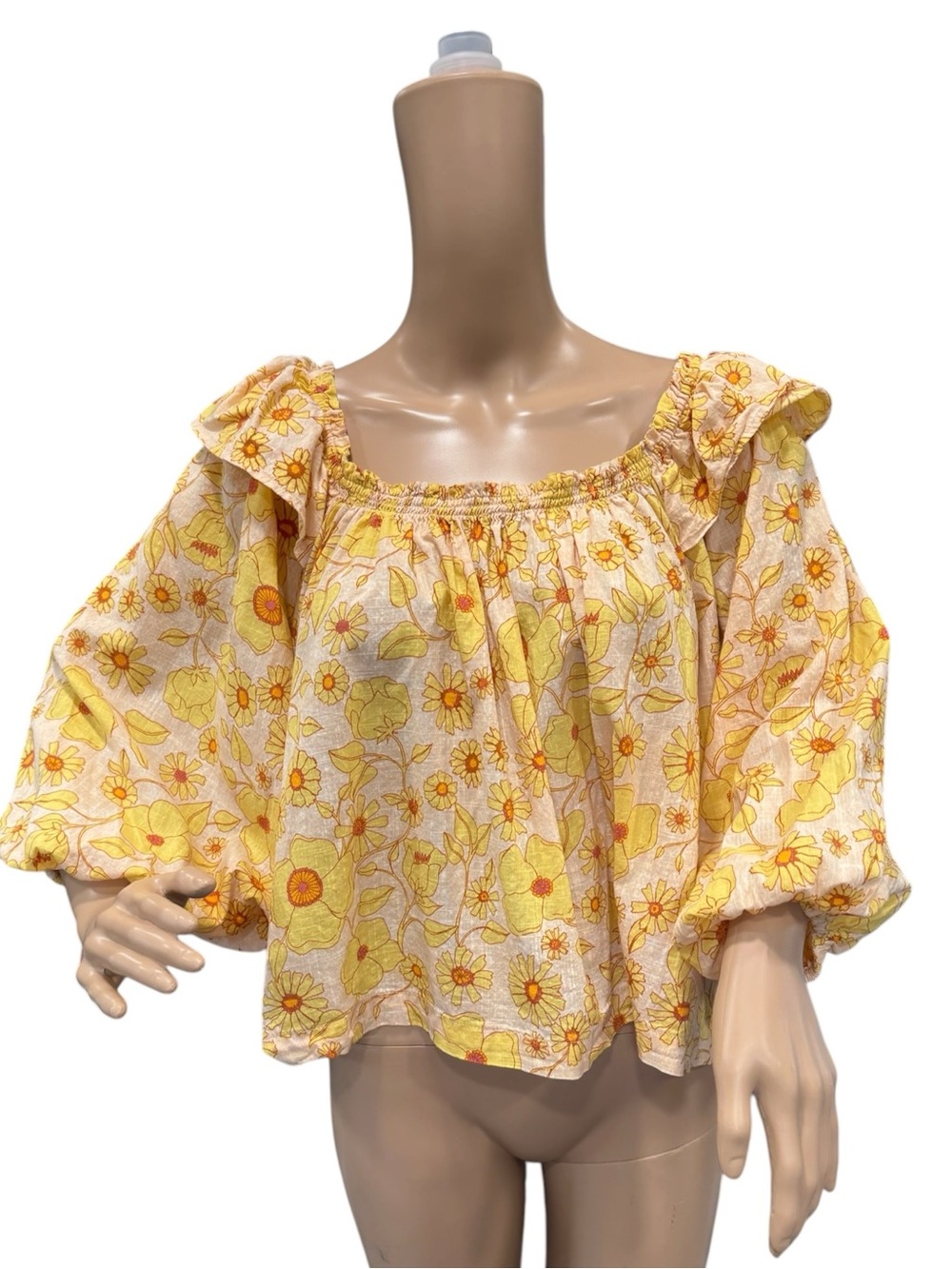 Free People Size XS Floral Miss Daisy Printed Boxy Top Ivory Combo Yellow Floral